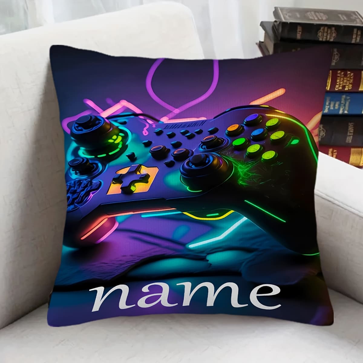 TEMU 1pc Customizable Gaming Pillow Cover - Neon Game Controller Design, Soft Plush Fabric, Zipper Closure, Machine Washable - Personalized Name Gift For Gamers, Decor (no Insert Included)