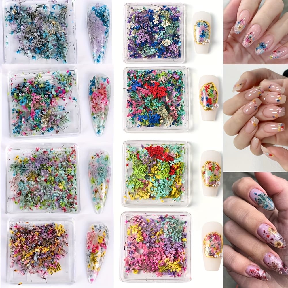 TEMU 8 Box 3d Dried Flower Nail Charms Kit - Vibrant Self Adhesive Stickers Forglamorous Nail Art, Salon-quality At Home - Choose Long-lasting, Easy Application Decorations