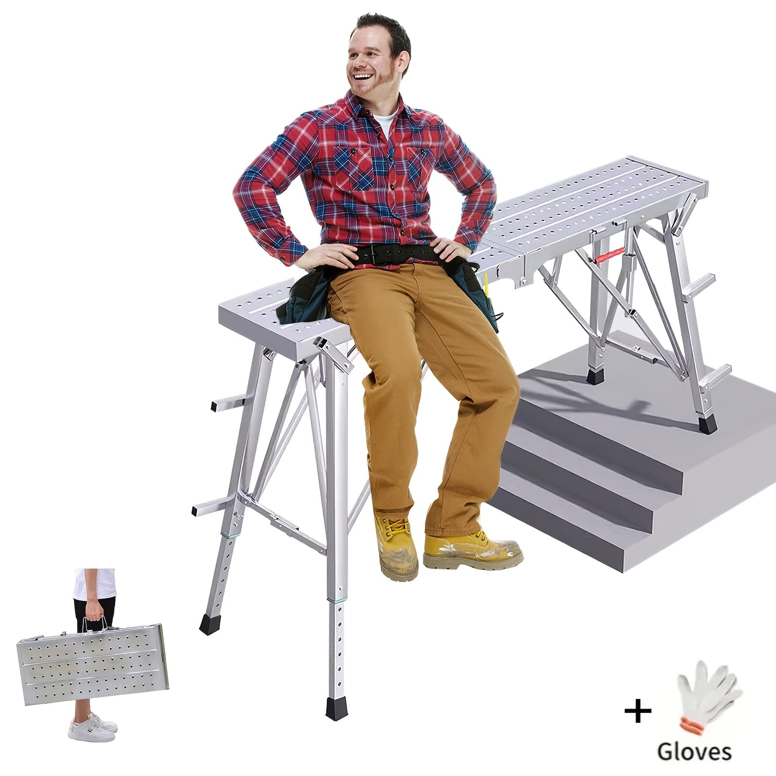 TEMU Work Platform Adjustable Folding Scaffolding Portable Step Ladder Height Drywall Bench Heavy Duty Load Capacity For Rv Cleaning Painting Car Washing Decorating