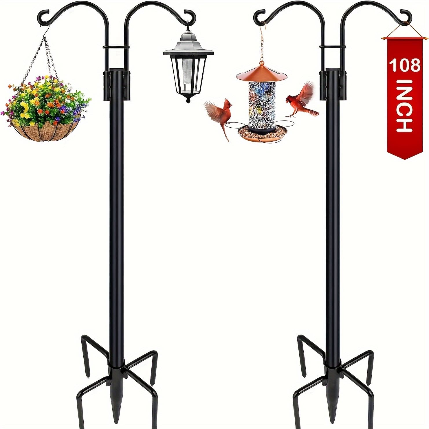 TEMU Xdw-gifts Double Shepherds Hooks For Outdoor, 2-pack Heavy Duty Garden Pole For Hanging Bird Feeder, Plant Baskets, Solar Light Lanterns, Garden Plant Hanger Stands With 5 Base Prongs