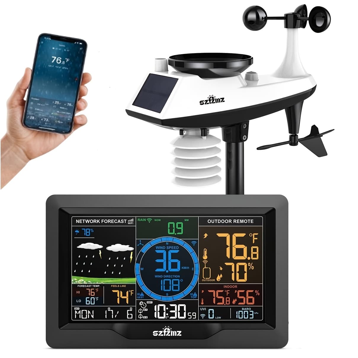 TEMU Home Wifi Weather Station 7-in-1, Wireless Indoor Outdoor With Rain Gauge And Wind Speed, Weather Station With Smart App, Thermo-hygrometer Sensor, Solar Powered Outdoor Sensor, Without Battery