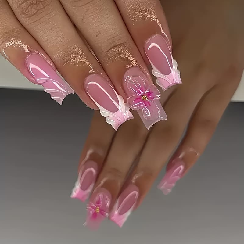 TEMU A Set Of 24 Medium Square False Nails, Fashionable And Sweet, With Petal-shaped Elegant Three-dimensional Texture, Light Luxury And Beautiful