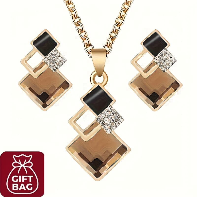 TEMU 1 Pair Of Earrings And 1 Necklace Vintage Jewelry Set With Sparkling Square Design And Multiple Colors For You From And Match With Daily Clothing And Party Decorations (with Gift Bag)
