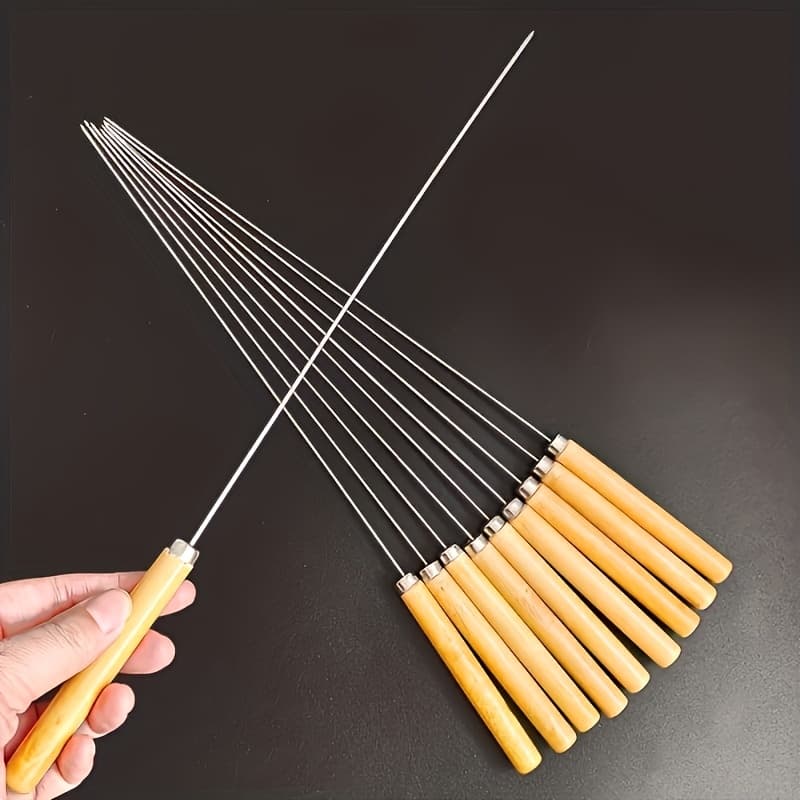 TEMU A Set Of 10 Stainless Steel Skewers With Wooden Handles, Multi-functional Metal Barbecue Skewers With Wooden Handles To Prevent , Outdoor Cooking And Barbecue Supplies