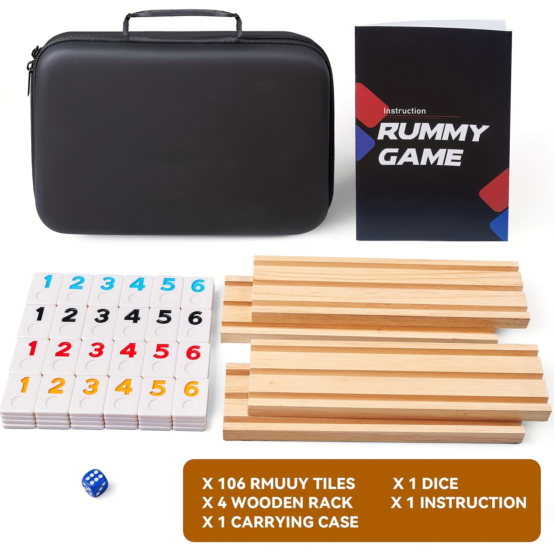 TEMU Rummy Cube Game Set, Featuring 106 Rummy Tiles And 4 Wooden Supports With A Portable Suitcase, Suitable For 2-, Making It And Fun Board Game For Family And Travel For Christmas Gifts