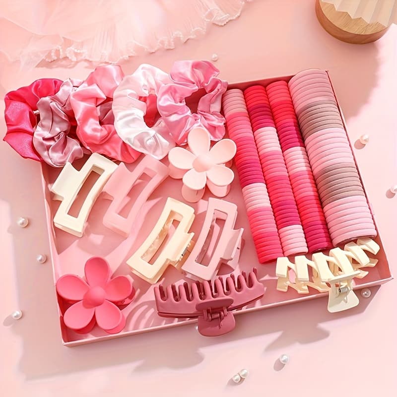 TEMU 113pcs Adorable Pink Hair Additions: Flowers, Scrunchies, And Clips For Girls - Perfect For Summer, Daily , And Parties - Suitable For Normal Hair Types