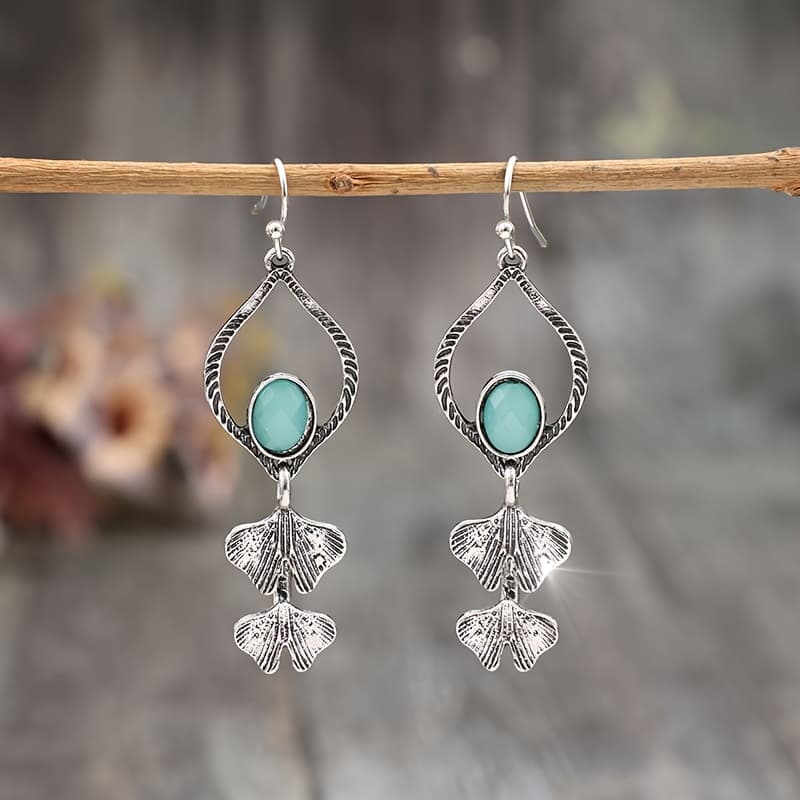 TEMU A Pair Of Retro Water Drop Hollow Paste Synthetic Gemstone Splicing Multiple Ginkgo Leaf Alloy Long Pendant Style Women's Earrings
