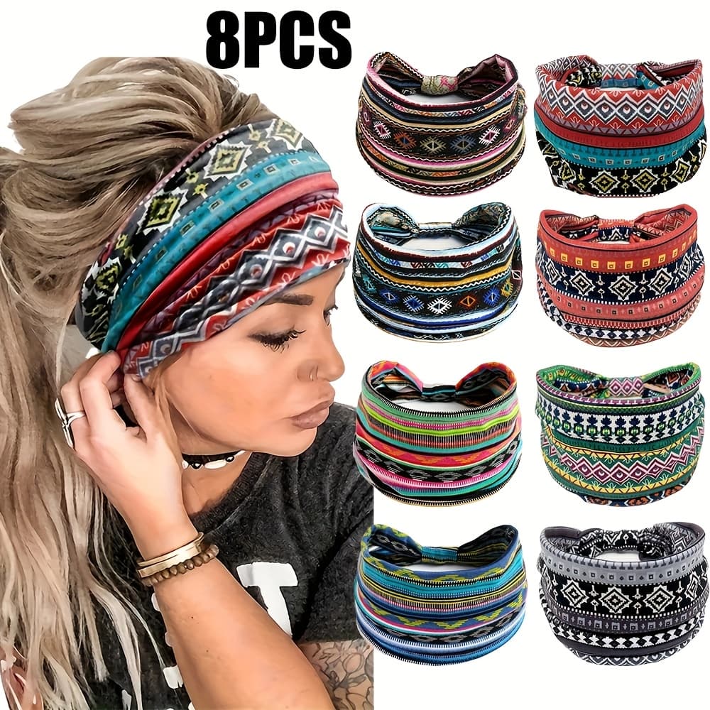 TEMU Set Of 's Headbands That Are Elastic And Breathable, Featuring A Bohemian Print, Perfect For Fitness And Sports, Offering A And Sweat-wicking