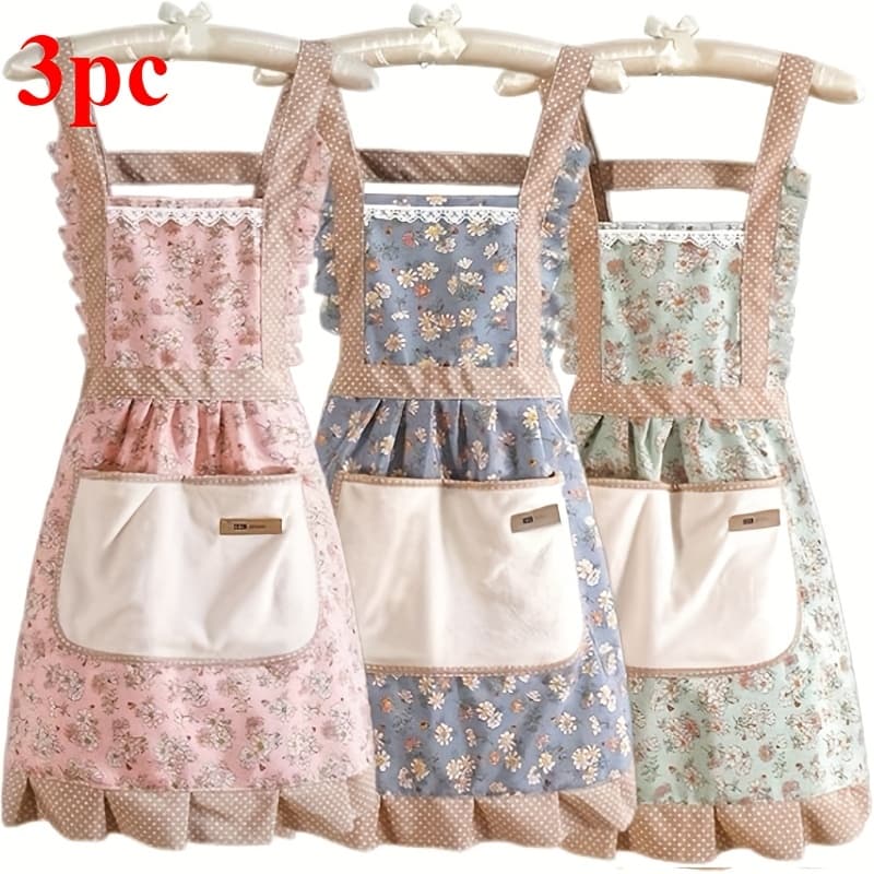 TEMU 3pcs, Durable, Breathable, And Adorable Princess-style Pinafore With A Hem; 3d-pocketed Apron; Thick Fabric That Wiped For Coffee Shop Workwear