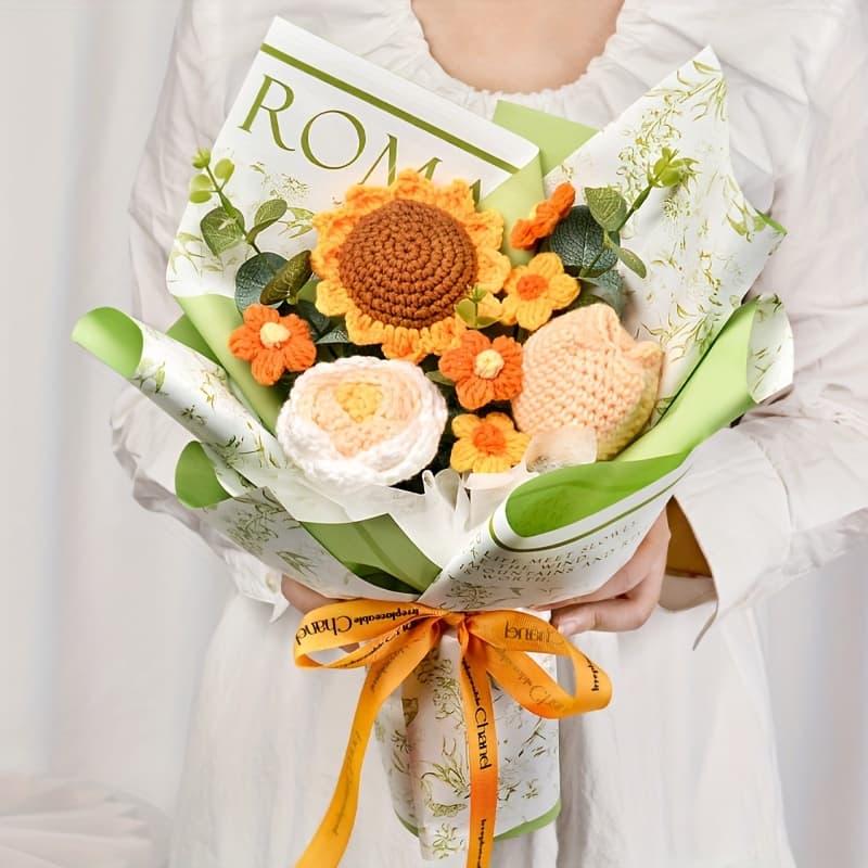 TEMU Handcrafted Crochet Flower Bouquet, Realistic Artificial Flowers - Perfect For , Valentine's Day, Birthdays, Parties, And Gifts For - Each Comes With Rose, Sunflower & Tulip Flowers