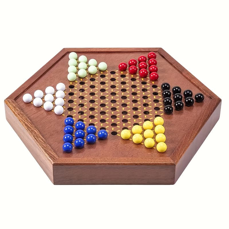 TEMU Deluxe Wooden Chinese With 12.5" Hexagonal Board & Storage Drawer - 60+12 Acrylic Marbles, Wood Family Strategy Board Game Suitable For Home , Parties, Tournaments - Classic