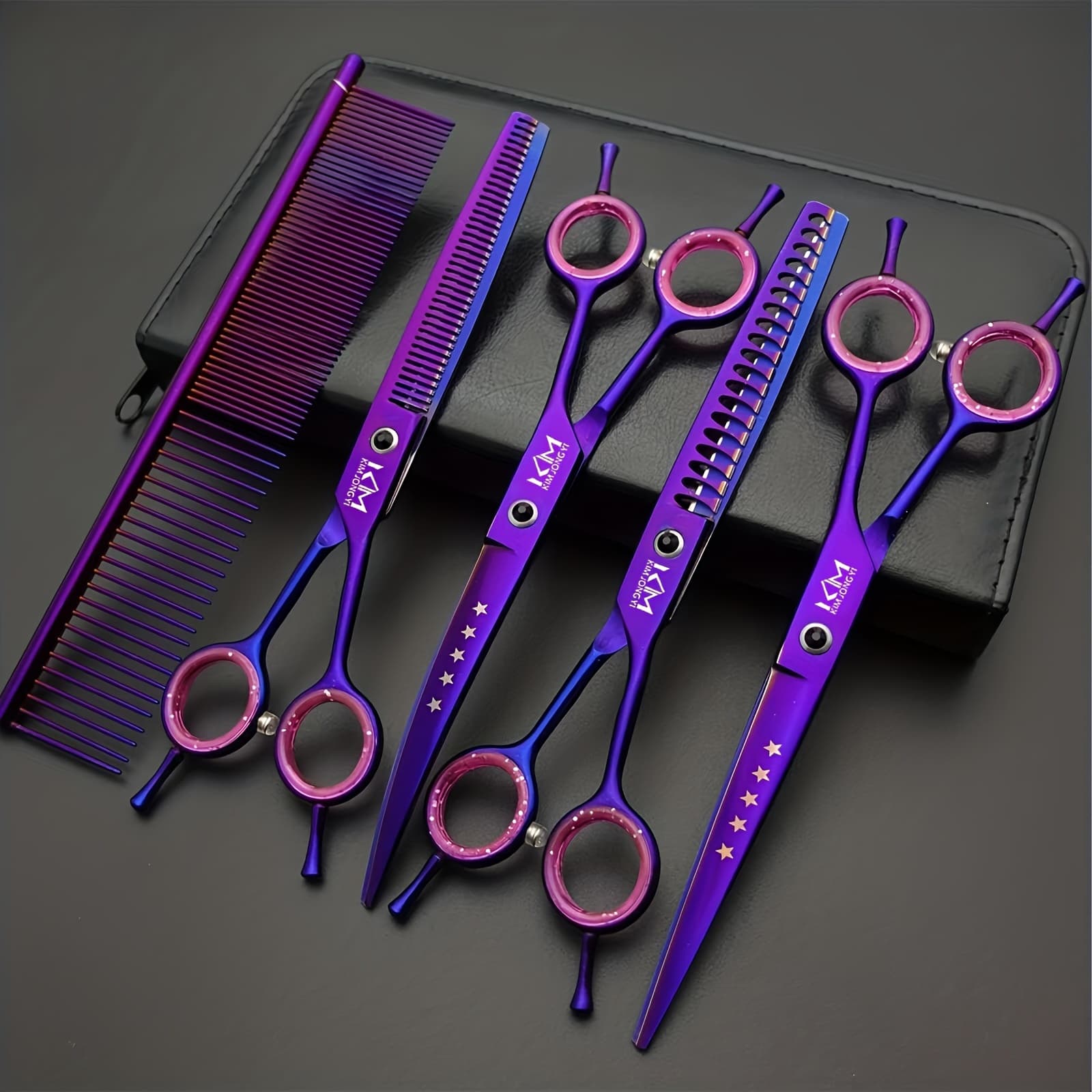 TEMU 7.5 Inches Professional Dog Grooming Scissors Set Straight & Thinning & Curved & & Comb 5pcs In 1 Set For Left-handed & Right Handed thumbnail 2