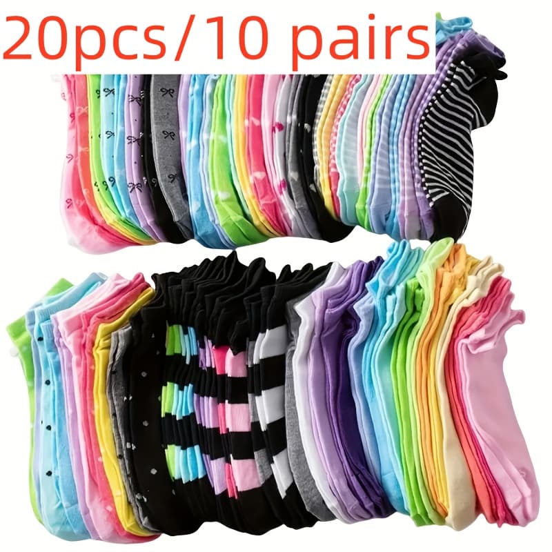 TEMU 20pcs/10 Pairs Fashion Black And Heart Socks, Socks - Soft, Breathable, Comfortable Low Cut Design With Fun Patterns (hearts, Stripes, Dots) And Bright Colors, Reusable, In Random Colors