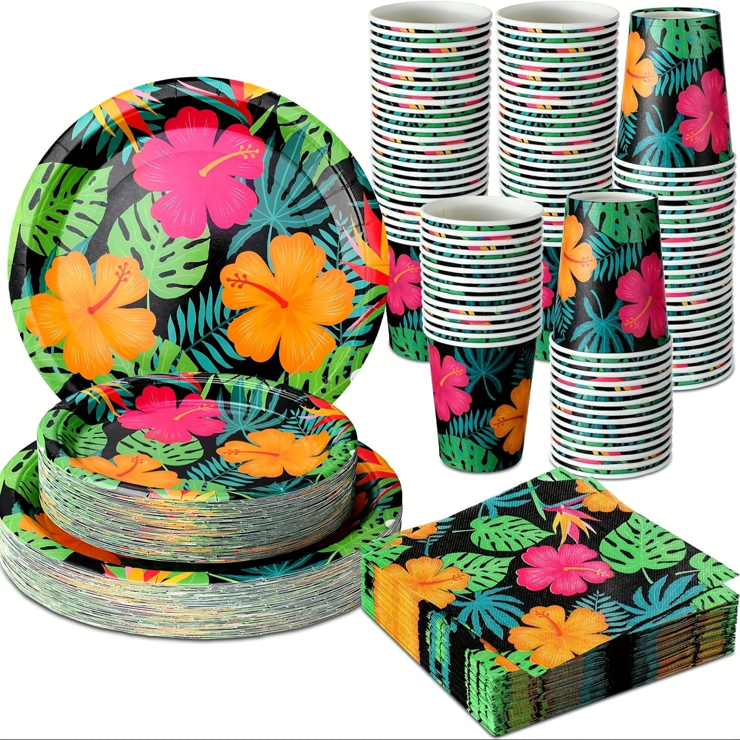 TEMU 200pcs Party Supplies Suitable For 50 Guests - Tropical Plates, Cups & Napkins Pack | Hawaiian-themed Paper Tableware For Pool Parties, Summer Beach Bbqs, Aloha Parties (, )