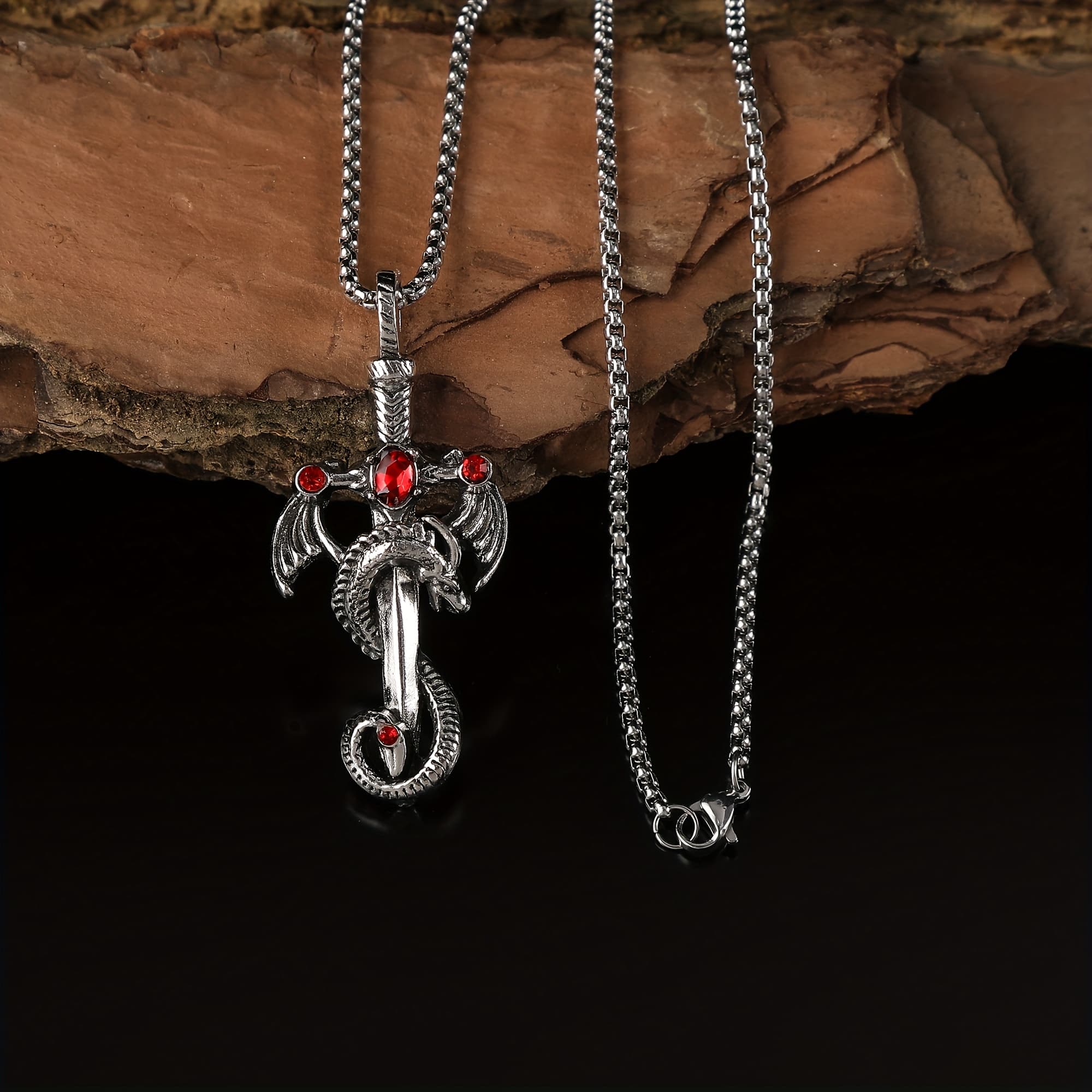 TEMU 1pc Fashionable Stainless Steel Pendant Necklace With Artificial Gemstones, Punk Style Hip Hop Jewelry, Gothic Accessory For Men, Unique Gift For Him, Birthday & Festival Party Present