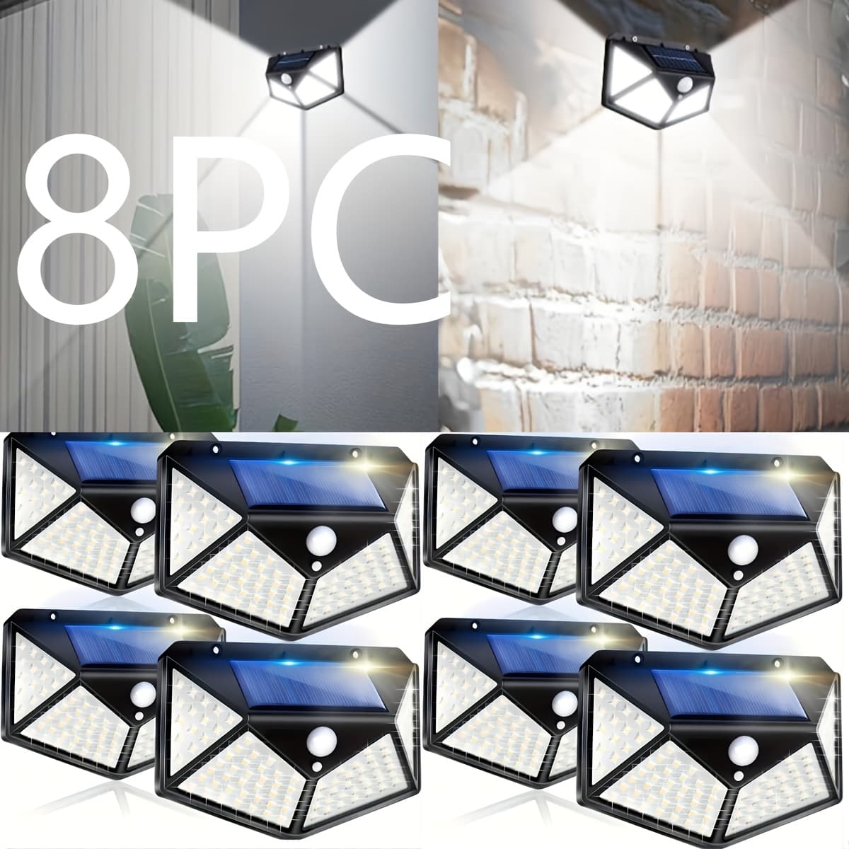TEMU 8pcs Solar Wall Light 100led Four-sided Wall Light, Smart Sensor, Semi-embedded Installation, Multiple Light Brightness, High Cost Suitable For , Garage, Courtyard Light