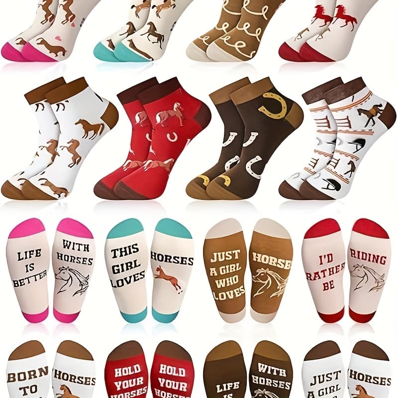 TEMU Party Favor Packs 8 Pairs Horse Socks For Women Derby Funny Ankle Socks Novelty Gifts For Cowgirl Race Lovers Valentine Horse Racing Festival Gift