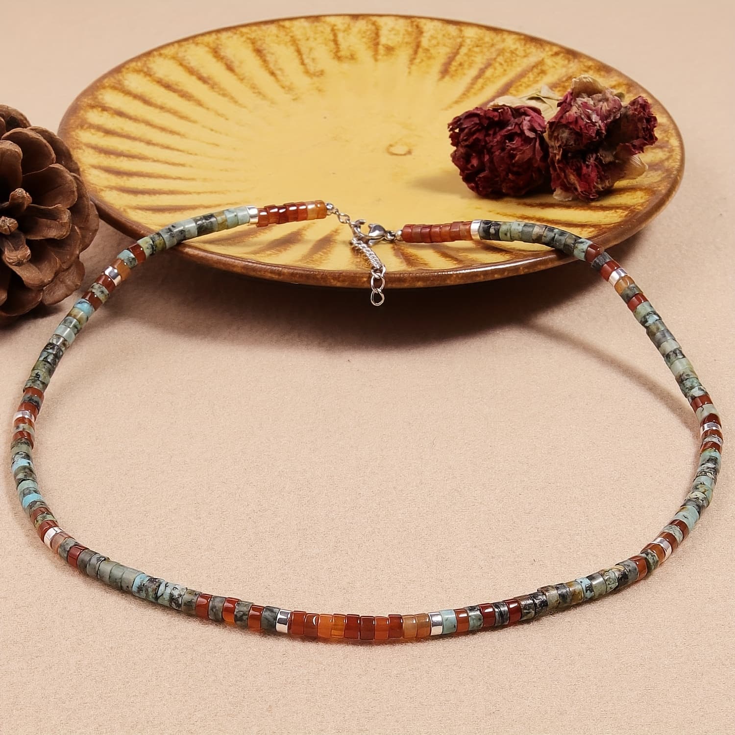 TEMU Natural Stone 1pc Retro Bohemian Blue Turquoise Orange Agate Silvery Handmade Beaded Spacer Necklace 4mm Stone Men And Women Jewelry Perfect Gift For Him