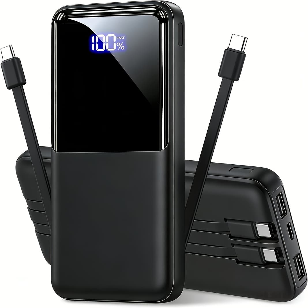 TEMU Portable Charger With Built-in Cables | Slim 10000mah Travel Battery Pack, Usb Type-c, 22.5w Fast Charging, Lithium Polymer Battery