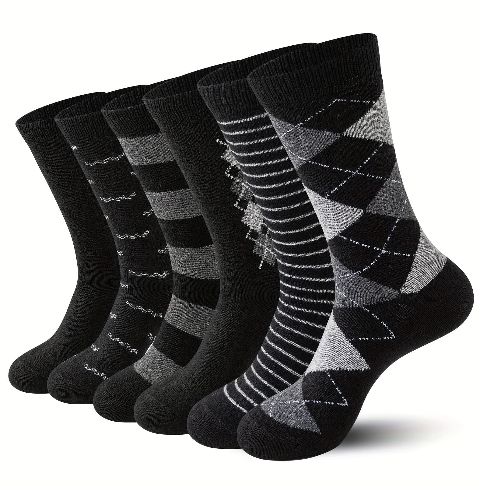 TEMU 6 Pairs Wool Wool Dress Socks For - Breathable, Sweat-wicking Thermal Crew Socks With Geometric Patterns, No-seam , Machine Washable, Breathable Footwear, Elegant Sock Patterns