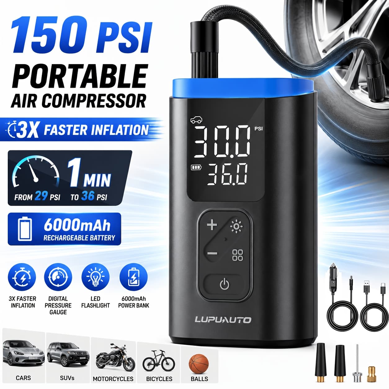 TEMU 150 Psi Portable Air Compressor, 3x Faster Inflation With Digital Pressure Gauge, Wireless Tire Inflator For Car, Motorcycle, Bicycle Tires &