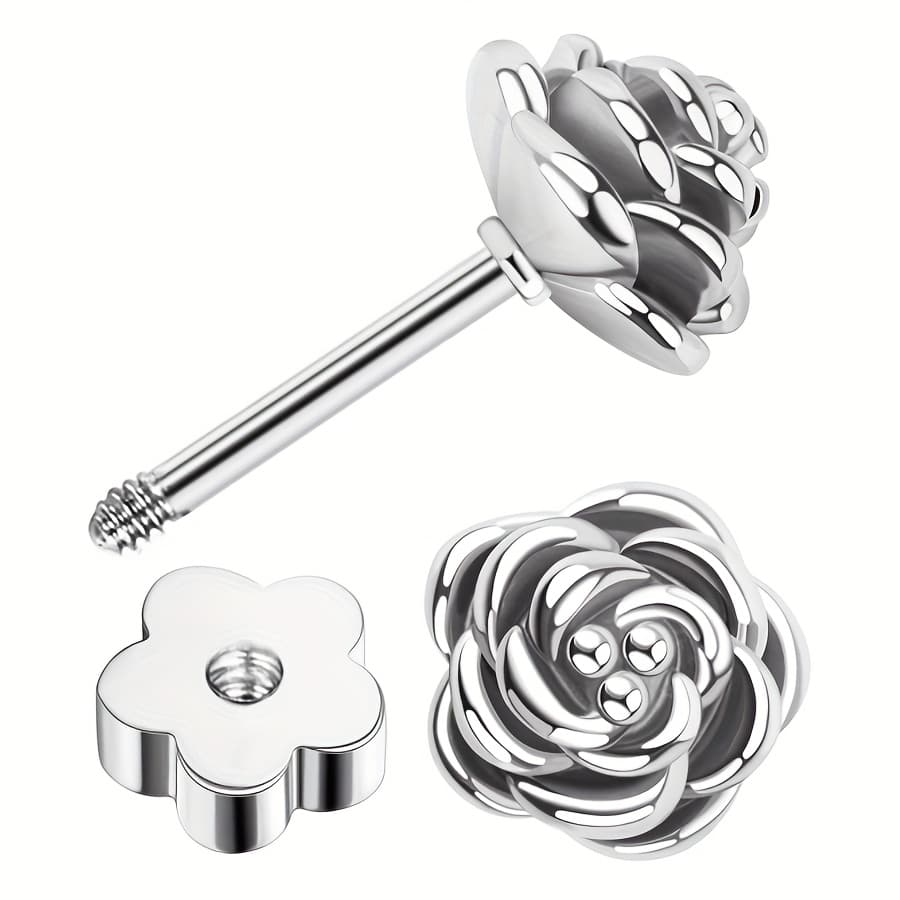 TEMU 1 Pair Of 316l Stainless Steel Handmade Flower Flat Back Earrings Spiral Back Cartilage Earrings Stud Earrings Hypoallergenic For Women Spiral Perforation