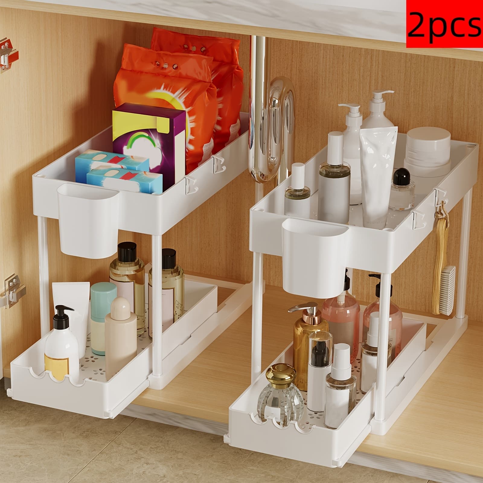 TEMU 2pcs Pull Out Under Sink Organizers And Storage Rack For Kitchen & Bathroom, Plastic Layered Cabinet Organizer, Kitchen Organize