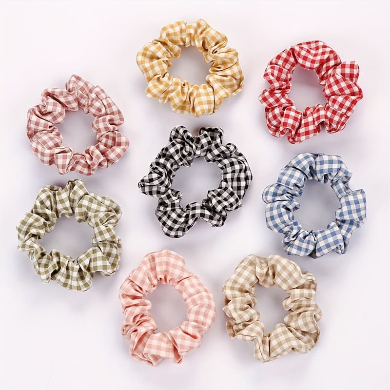 TEMU 8pcs Sweet Small Checkered Large Hair Tie Boutique Jewelry Tie Hair Ponytail Hair Rope Versatile Rubber Band
