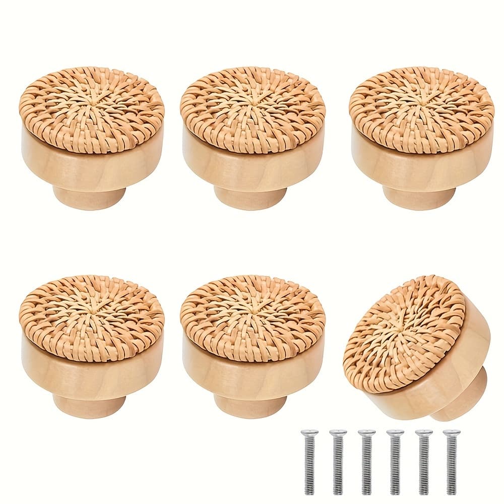 TEMU 6pcs Bohemian Rattan Drawer Knobs - Elegant Wooden Cabinet Pulls With Screws Included, Perfect For Kitchen & Bathroom Doors