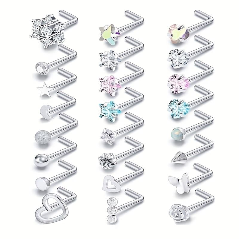 TEMU 18g & 20g Stainless Steel Nose Ring Earrings For Women - Hypoallergenic, Straight Design With Moon, Star, Heart, , And Floral Attachments, Perfect For Casual Attire Or Gifting
