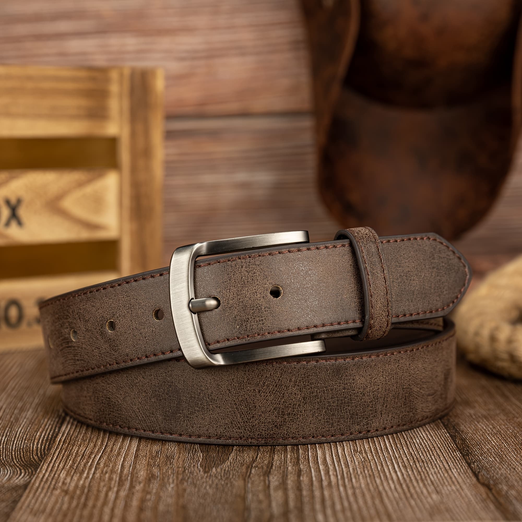 TEMU Gleebuy Men's Casual Distressed Leather Belt With Unique Pin - Fashionable Accessory
