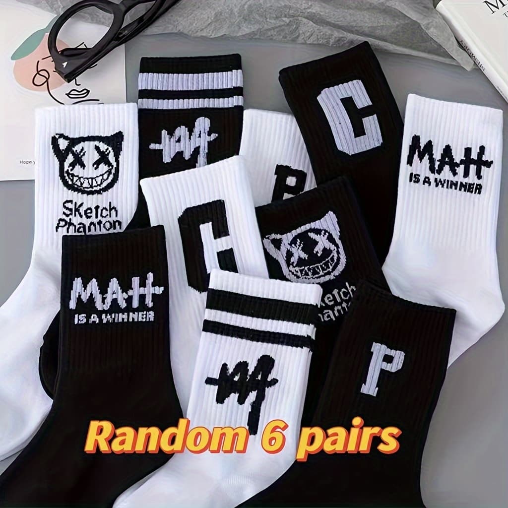 TEMU [ Style] Random 6 Pairs Of Ins Trendy Versatile Athletic Socks Mid-calf Trendy Socks Black And White Jacquard Letter Basketball Socks