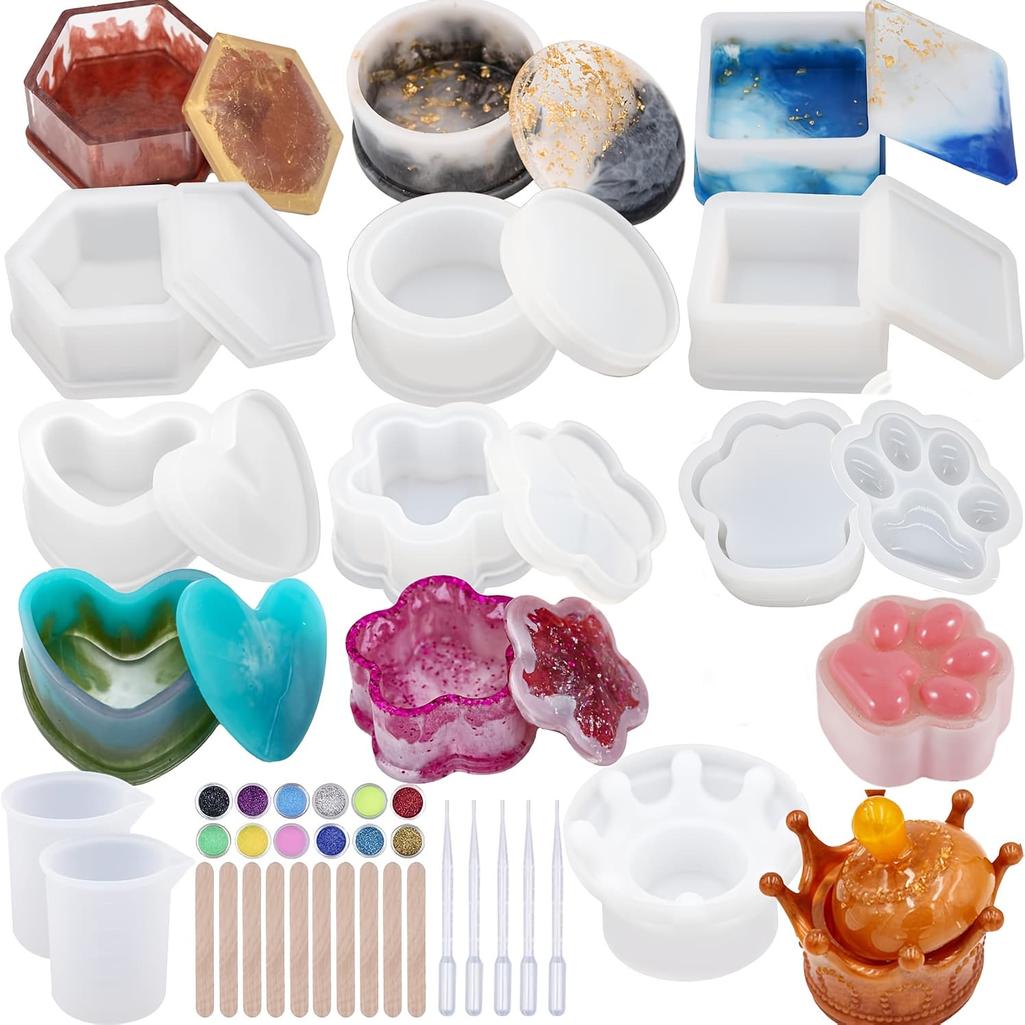 TEMU 43pcs Silicone Molds For Resin, Epoxy Crown Shape Mold Heart Shape Mold With Mica Powder For Storage Box Jewelry Trinket Container Diy Resin Casting Crafts
