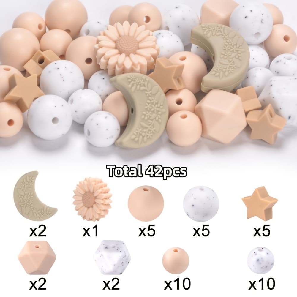 TEMU 42pcs/set Vibrant Colorful Silicone Beads Mix Set - Daisy, , Star Beads With Round & Hexagon Spacers For Making, Id Lanyards - Craft Beads Supplies Gift For Women Men, Diy Craft Lovers