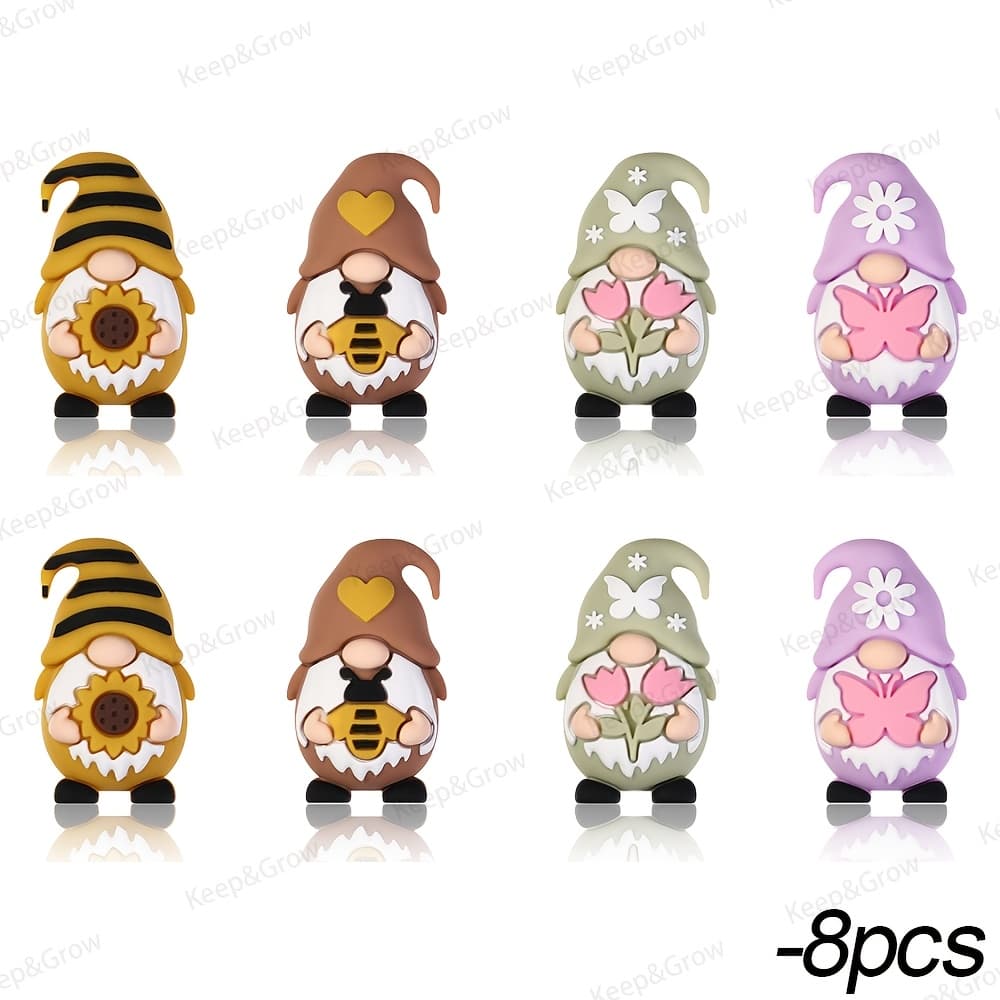 TEMU 8pcs Gnome Silicone Beads Set | Daisy Flowers, Bee, Designs - Perfect For Pens, Beaded Decorative Jewelry Making Craft Supplies Accessories