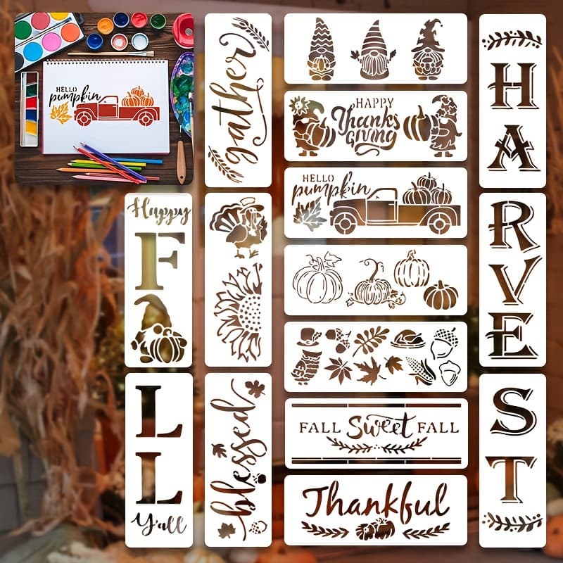 TEMU 15pcs Autumn Thanksgiving Plastic Stencil Set For Crafts, Reusable Fall Pumpkin And Harvest Themed Templates For Painting On Wood, T-shirts, Holiday Decorations