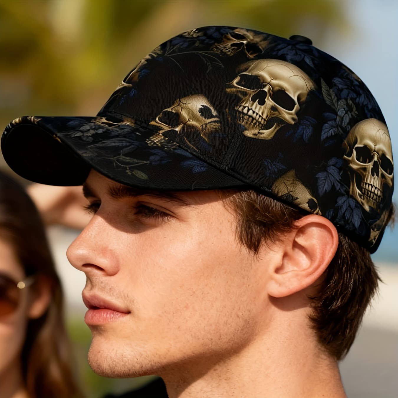 TEMU 1pc Skull And Leaves Pattern Unisex Full Print Baseball , Golden Skulls With Blue Foliage Design, Adjustable, Fashion Accessory, Everyday Outdoor Wear, Breathable Lightweight, Trendy Style