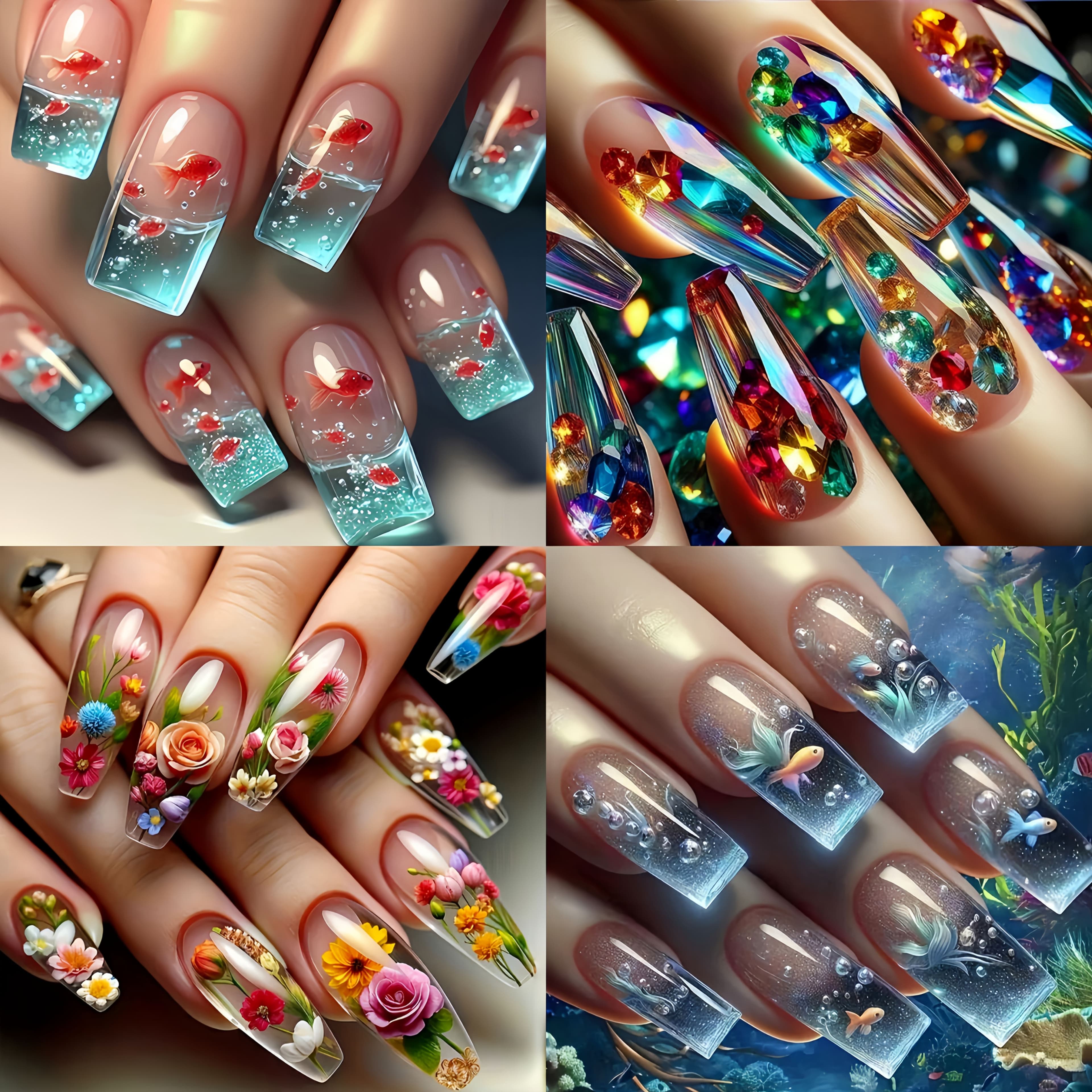TEMU 96pcs Nail Sticker Set, Flower Goldfish Pattern Nail Stickers, Removable Nails, Medium-length European Square Fake Nails, Simple, Stylish, And Sticker Kit