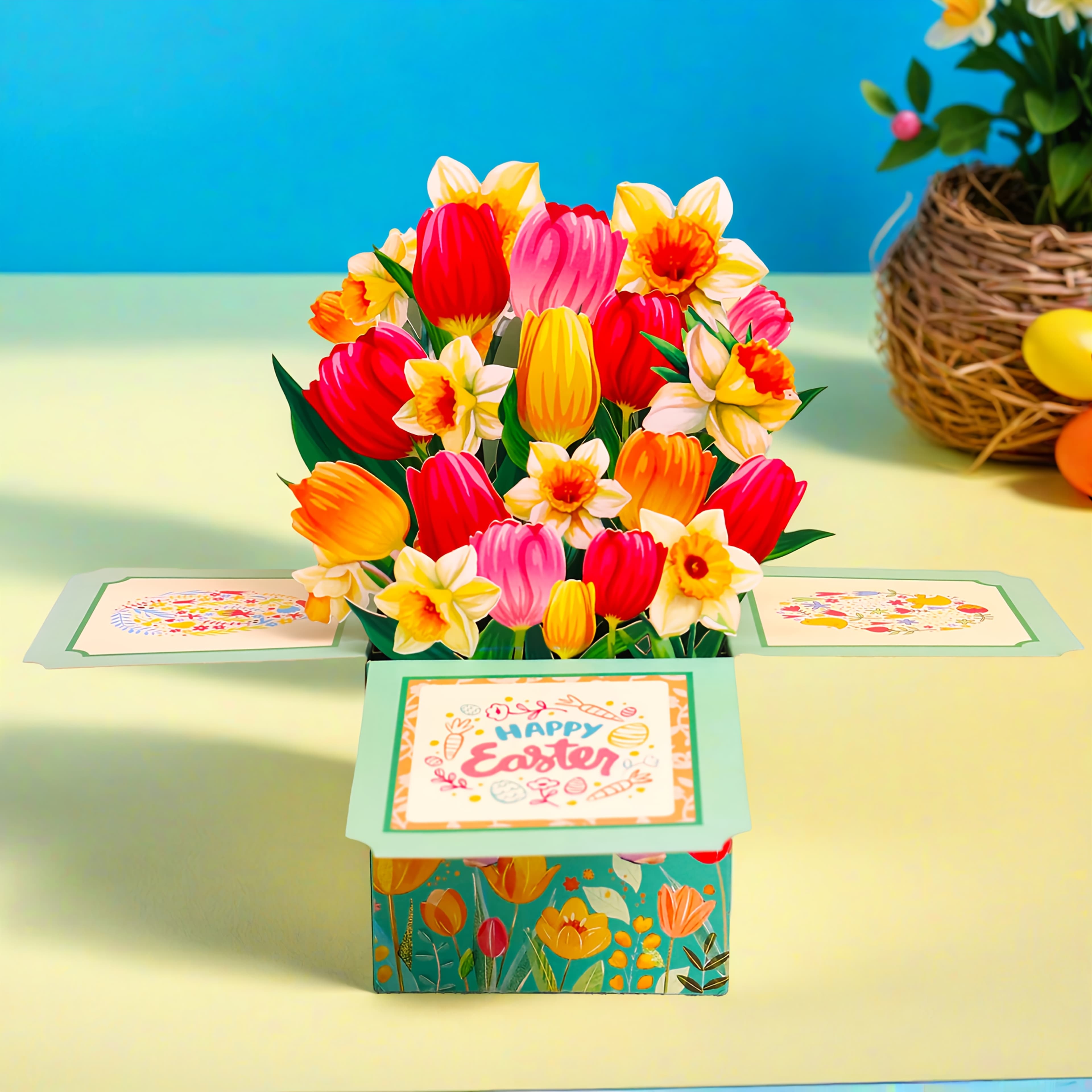 TEMU 1pc Pop Up Card, Happy Tulip Daffodil Greeting With Note Card Behind And Envelope