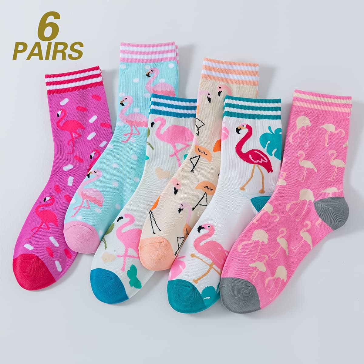 TEMU 6-pair Flamingo Socks Suitable For - Unisex Mid-calf Flamingo Pattern Trendy Casual Athletic Socks For Gym Training, Casual Attire, Hand Washable With Flamingo