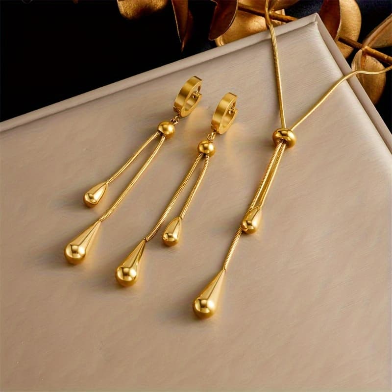TEMU 1 Set Elegant Stainless Steel Teardrop Jewelry, Necklace And Earrings For Women, Versatile Accessory, Fashion, Necklace And Earring Set