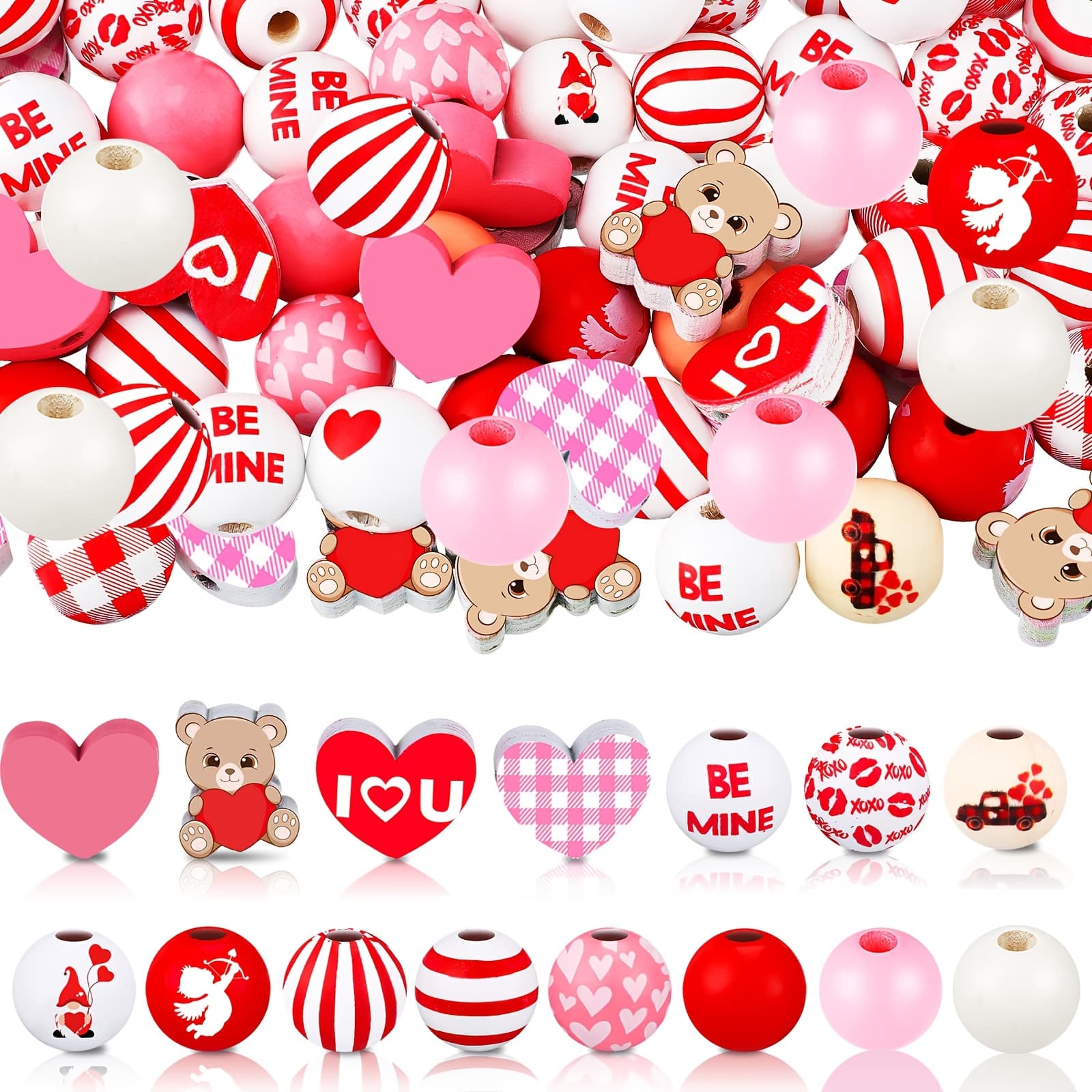 TEMU 160pcs Valentine's Day Wooden Beads Red White Stripe Wood Beads 16mm Colorful Wood Spacer Beads Rustic Farmhouse Wooden Beads For Diy Crafts Garland Home Decor