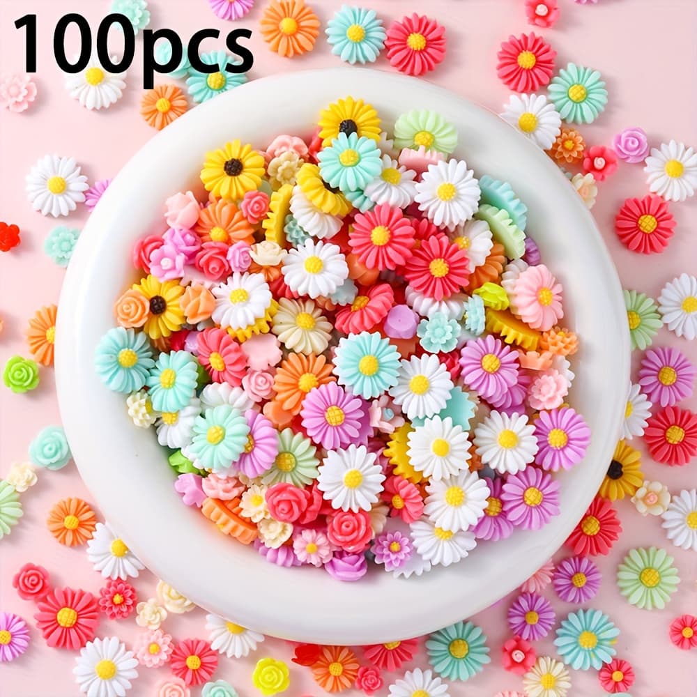 TEMU 100pcs Assorted Styles Mixed Small Resin Accessories Flower Decorative Beads, Suitable For Diy Cream Glue Hair Clips, Phone Cases, And Hair Accessory Making Materials