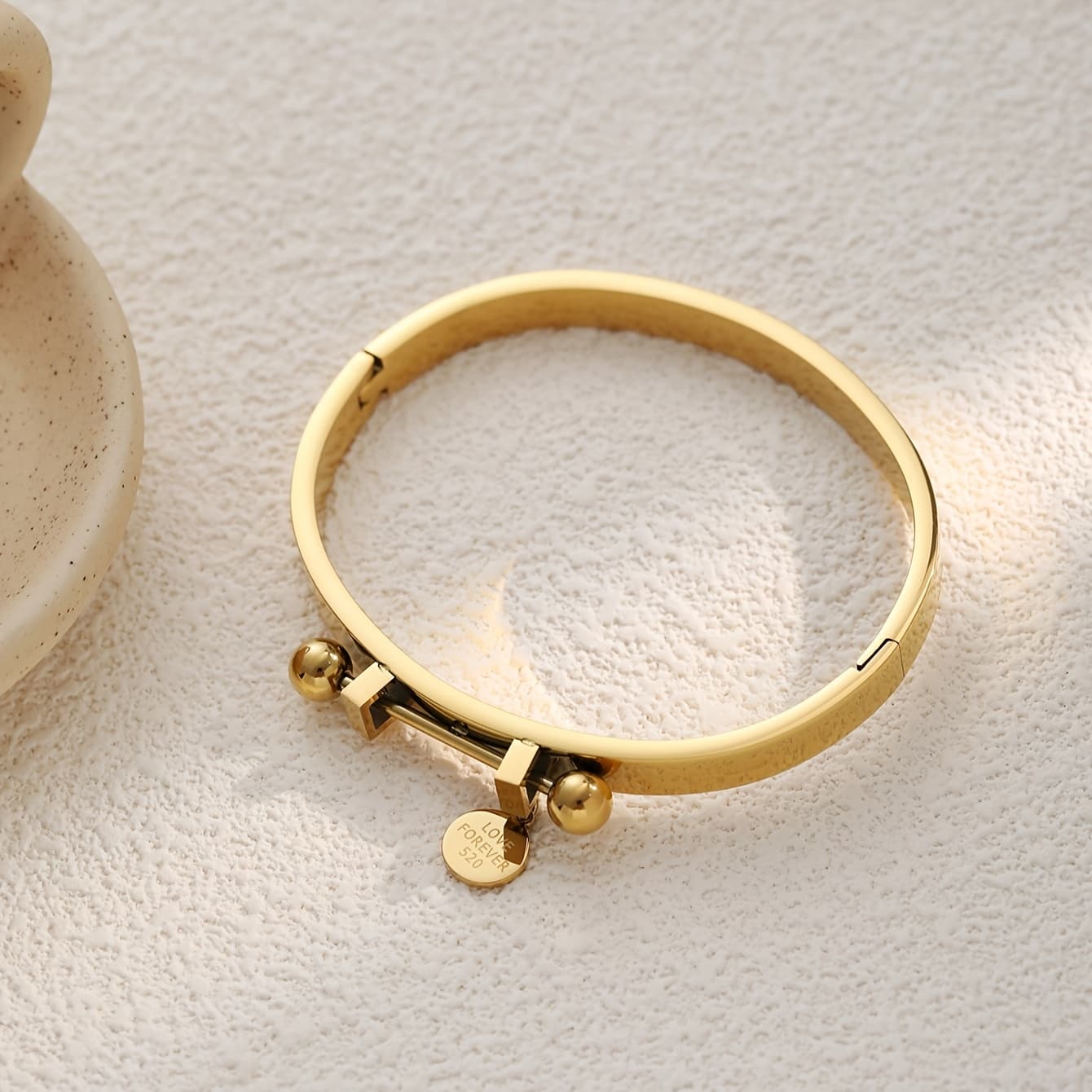 TEMU Elegant Stainless Steel 'love' Engraved Geometric Bangle - Accessory For Weddings And Casual Attire