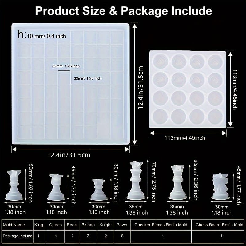 TEMU Chess Set With Checkers Board Silicone Resin Mold, 18pcs Full Size 3d Chess Crystal Epoxy Casting Molds For Art Crafts Making, Board Games And Home Decoration