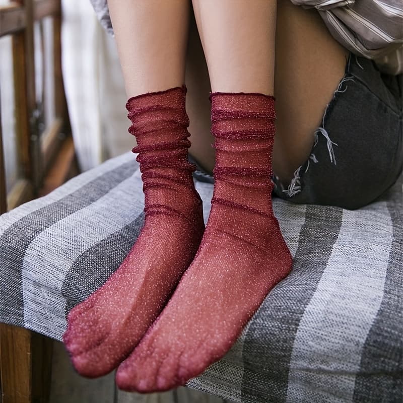 TEMU 1 Pair Vintage Mesh Pile Socks, Thin And Fungus Edge Sock Mouth, Comfortable And Breathable, Suitable For Music Festivals And Parties As Mid Length Socks