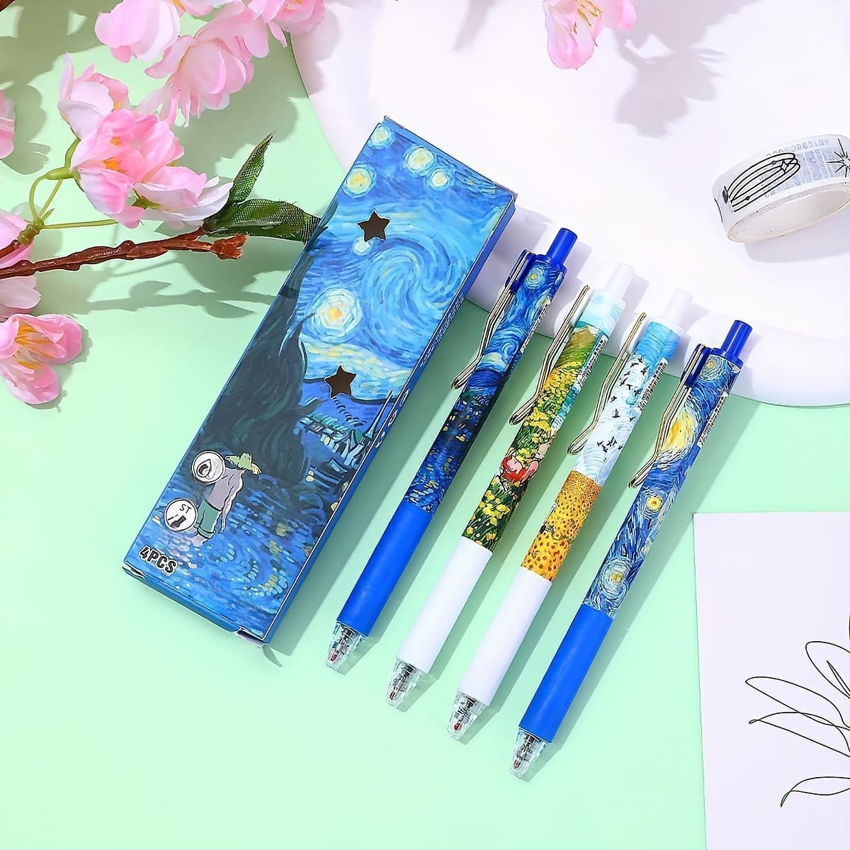 TEMU 4pcs Oil Painting Pattern Retractable Gel Pens, 0.5mm Tip, Quick-drying Black Ink, Smooth Writing, Ideal For Home, School, And Office Supplies, Stationery, Perfect Gift