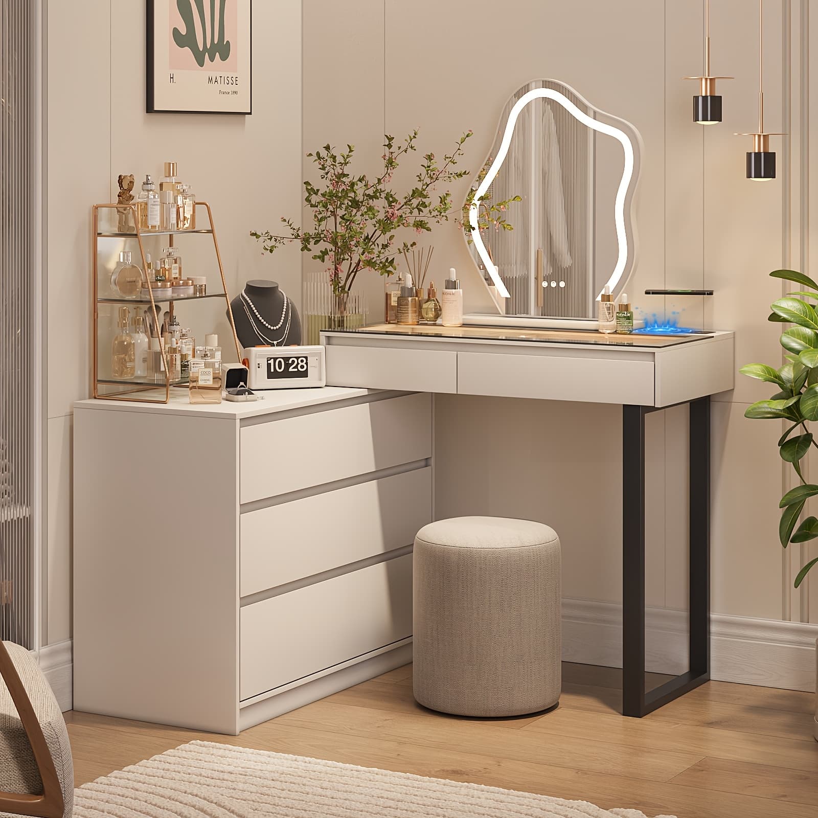TEMU Corner Vanity Desk With Mirror And Lights, Makeup Table With Drawers And Jewelry Cabinet, 3-color Led Lights And 5-drawer Large Vanity With Storage, Bedroom, Dressing Table