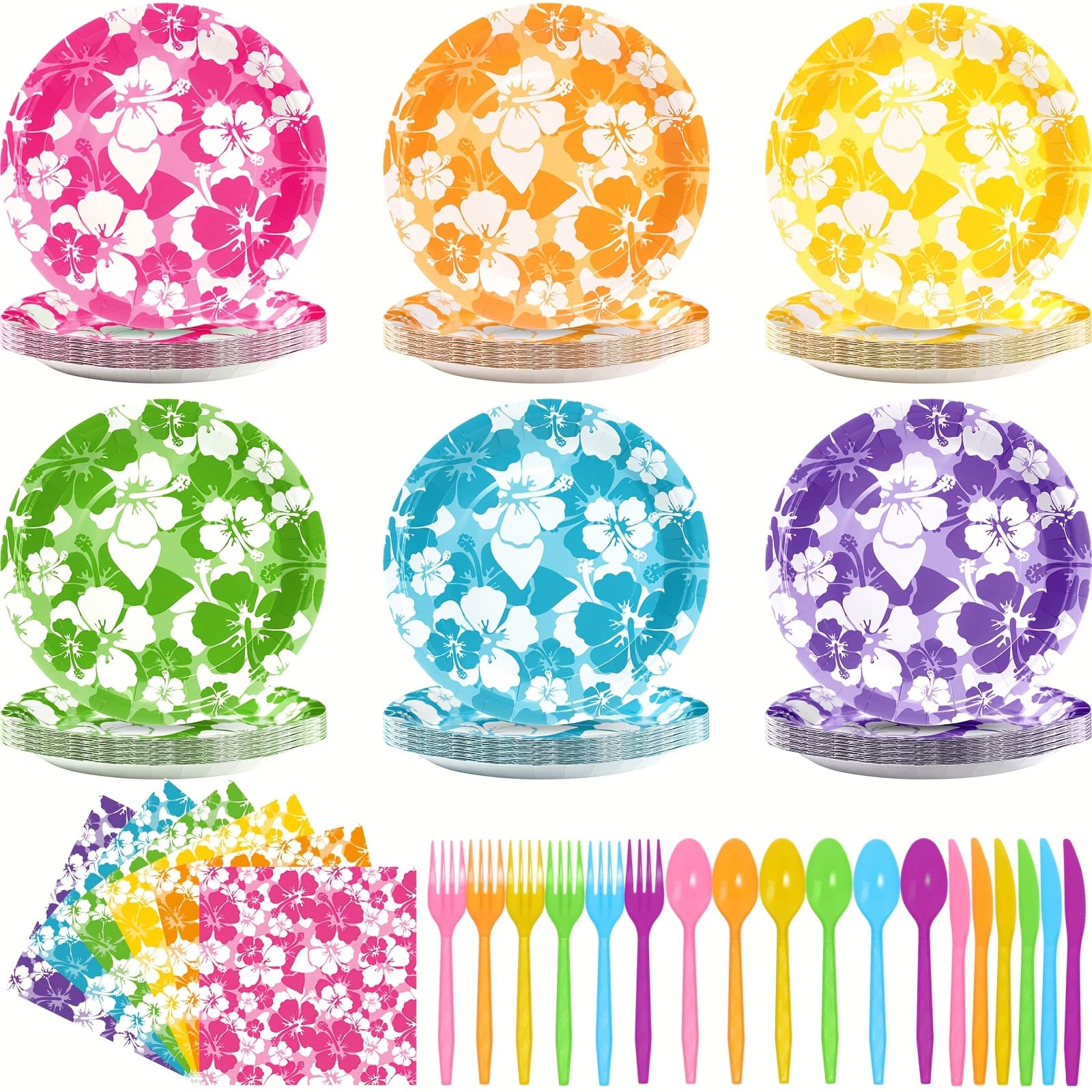 TEMU 240pcs Hibiscus Party Plates Napkins Hawaiian Theme Tableware Set For Luau Table Decorations Supplies Tropical Dessert Plates Forks For Aloha Summer Beach Party, Serve 48 Guests