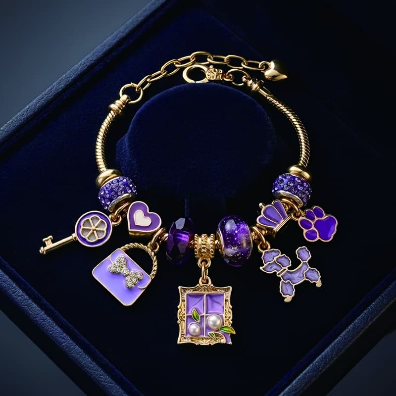 TEMU Purple Luxury Beaded Charm Bracelet For Women, Cute Dog Heart Pendant, Fashion Adjustable Bangle, Aesthetic Jewelry Gift For